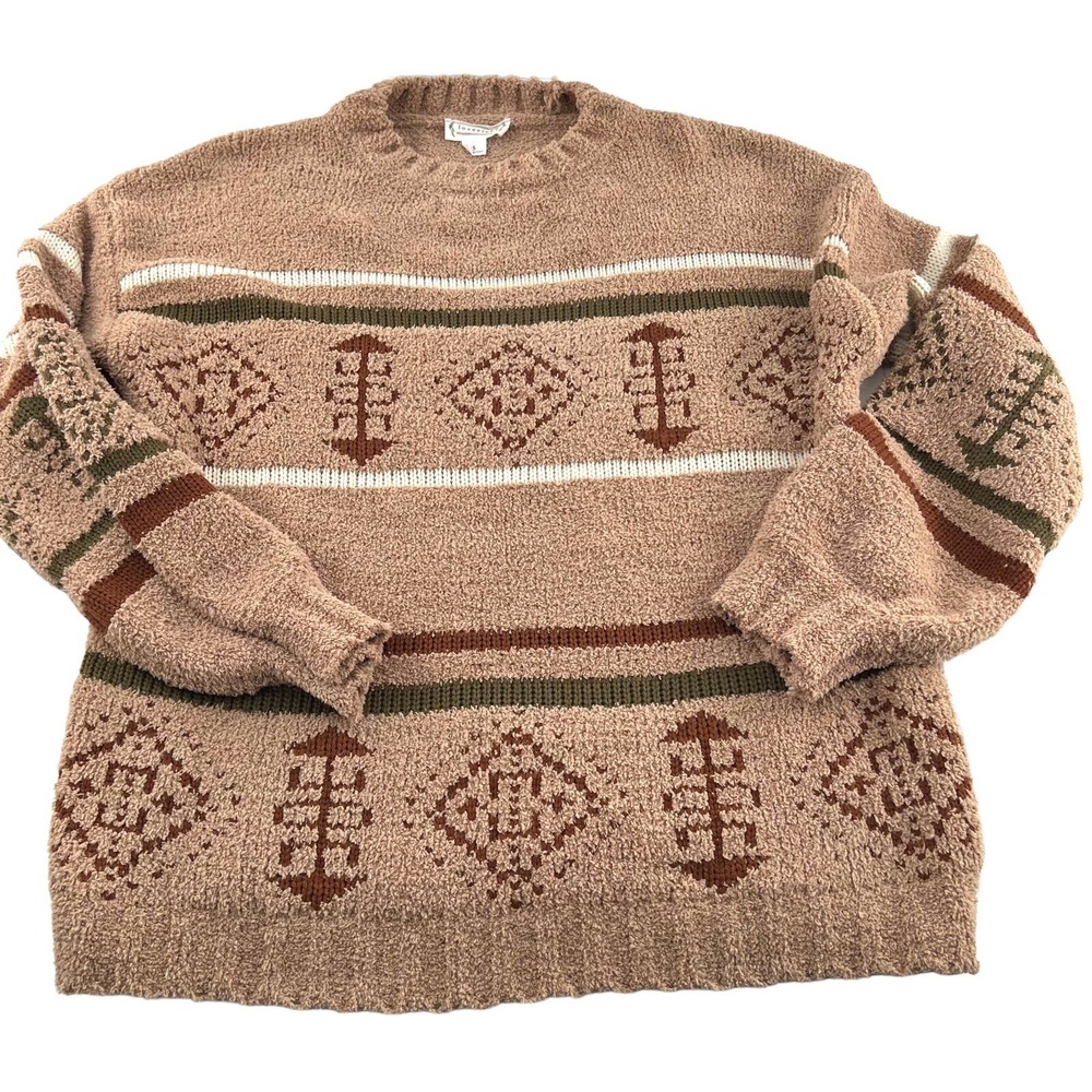 Loveriche Women's Sweater Small Chenille Tan Brown Green Aztec Design